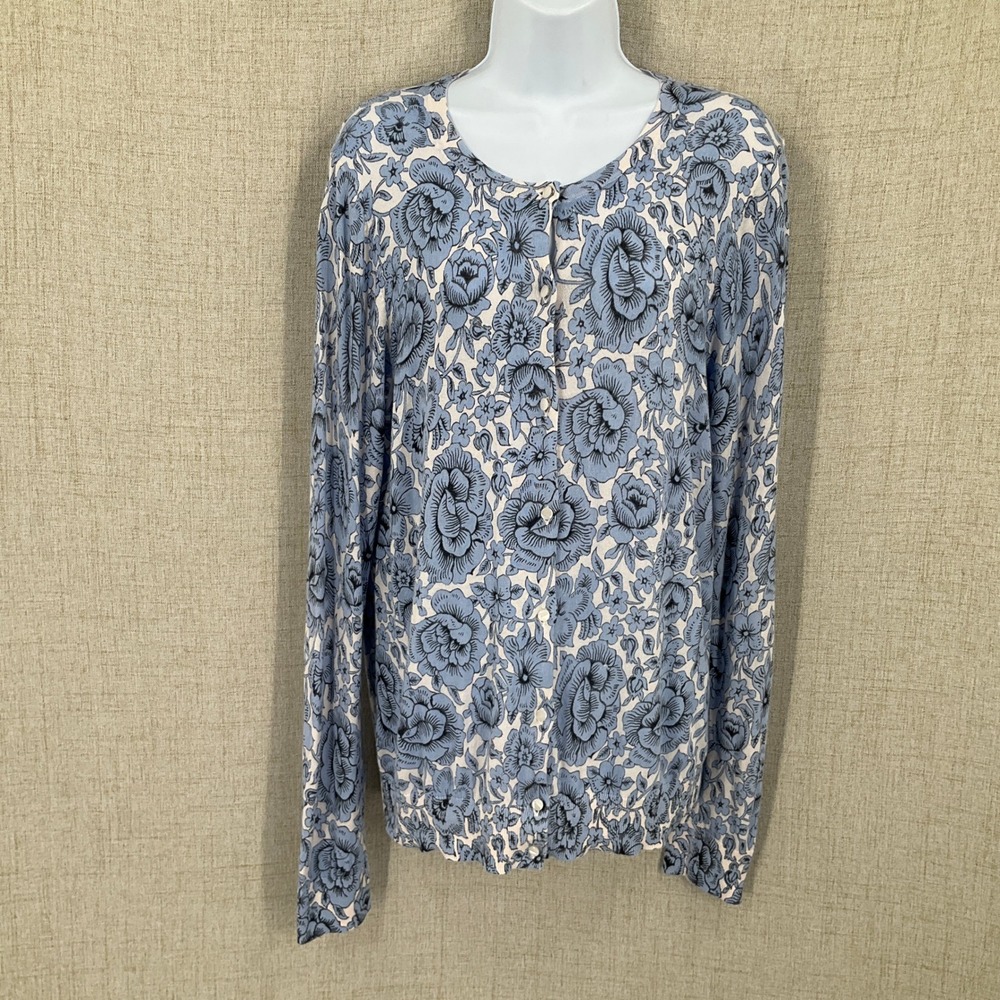 Ann Taylor Cardigan Womens Large Blue Cotton Floral Button Front Sweater Classic